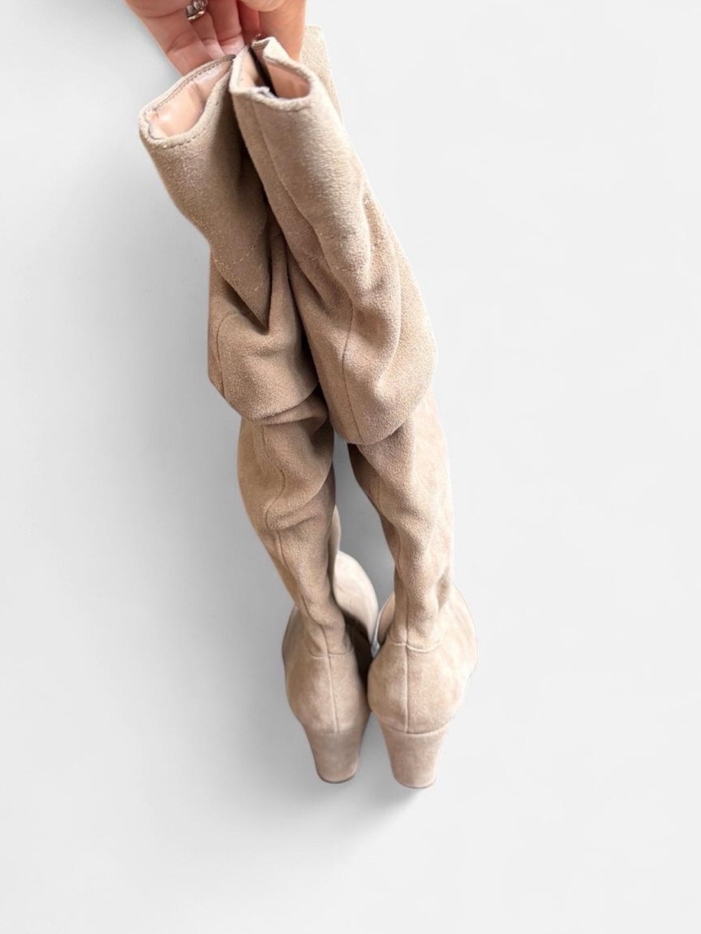 Hot in Hollywood Taupe Faux Suede Slouch Below-the-Knee Boots Women’s - Picture 5 of 9